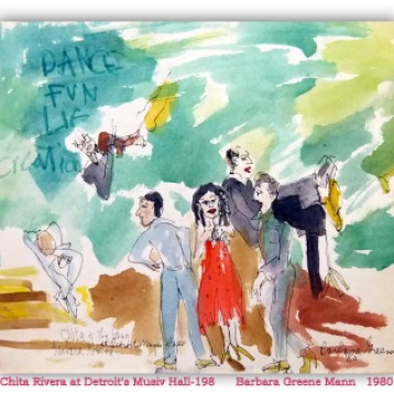 CHITA RIVERA PERFORMANCE AT DETROIT"S MUSIC HALL Watercolor, pen and ink on paper