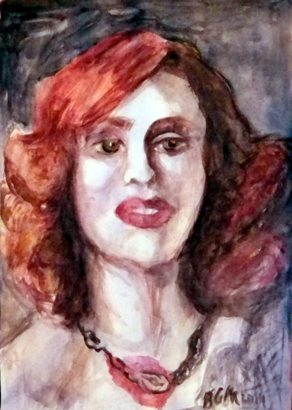 Painted differently,I really like it. It tells me that I am very good and I can add more than likeness,. To me its like a test. A+ 10 x 12 watercolor on paper. $150. 